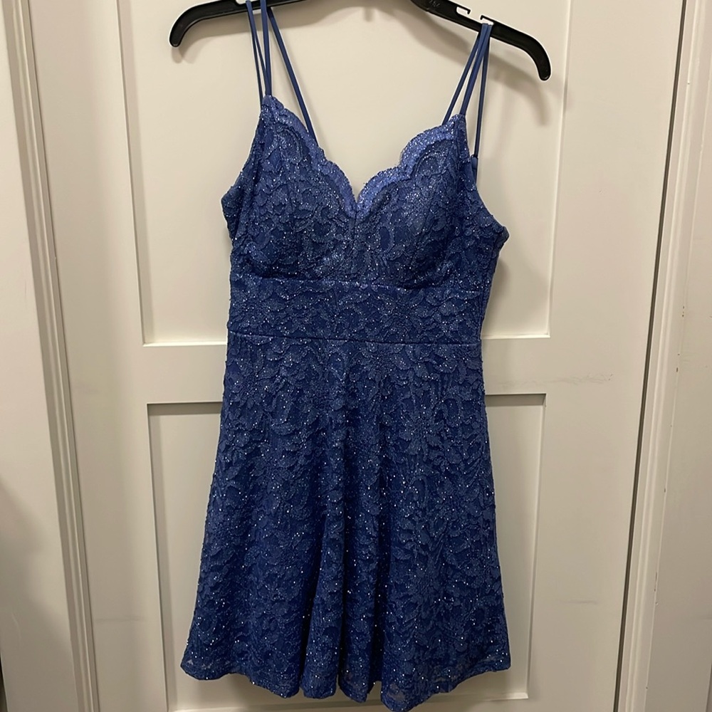 Elegant Blue Lace A-Line Dress with Subtle Sparkle ✨